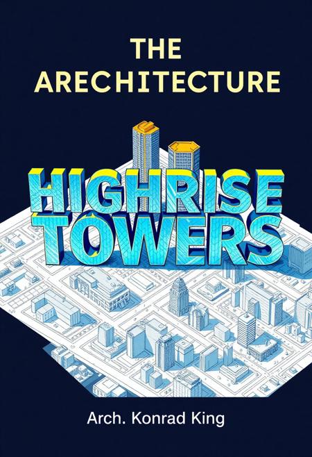 Create a book cover called ("The Architecture of Highrise Towers"), the letters of the title are 3D in the shape of highrise buildings overlooking a sketch plan of a city in USA viewed from an isometric high angle, each word is a seperated 3D building with the letters stacked on top of each other, the ("THE") is a building, ("ARCHITECTURE") is a taller building, ("OF HIGHRISE TOWERS") is another all building with the letters stacked vertically on top of each other to form the shape of the building.
 The book cover has vivid colors with a color metallic and blue color pallette very well rendered and extremely detailed, at the bottom are the name of the author ("Arch. Konrad King) written in a architectural sketch font.