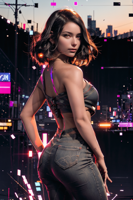 Best quality, masterpiece, ultra high res, (photorealistic:1.4), raw photo, 1girl, short hair, ass, outdoor, closeup, looking at viewer, black hair, large breasts, glitch, sparks, high effect, difuse colors, purple eyes, shine eyes, <lora:bj_Fault_art:1> bj_Fault art <lora:Sohee-01:1>