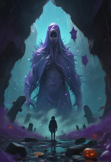Masterpiece, best quality, good quality, very awa, very aesthetic, absurdres, newest, cinematic scene. adventurous, adventure begins, night time, big monster, purple, speckle, mysterious, eerie, ghouls, spirits, ghosts, purple mystery, secluded, red, teal, by Mike Winkelmann, by Sam Yang and Kode Abdo and Wenqing Yan and Pascal Campion, dreamy athmosphere, ethreal background, highly detailed oil painting, hyperdetailed, epic scale, epic composition, post processed 4k, Octane render, trending on artstation, hyper detailed photo-realistic maximum detail, cinematic epic character + rule of thirds, Depth of Field. Adding depth to the composition, High resolution, high detail. Highly detailed. Wide Shot, Cinematic Lighting, <lora:c»ªa¿ cµa½±a§c§:0.8>, <lora:xl_more_art-full_v1:0.3>
