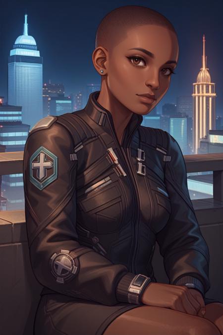 CyberTBug, 1girl, dark skin, buzz cut, brown eyes