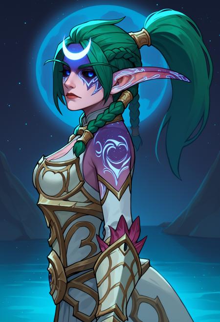 TyrN, colored skin, facial mark, pointy ears, elf, green hair, short hair, ponytail, twin braids, braided hair, blue eyes, black sclera, medium breasts TNArm, halterneck, cleavage cutout, armored dress, feathers, detached sleeves, vambraces, long skirt, knee boots glowing markings, glowing ears, glowing body, crescent hair ornament TyrO, colored skin, facial mark, pointy ears, elf, green hair, long hair, blue eyes, glowing eyes, no pupils, large breasts TODre, tiara, silver jewelry, white gown, single shoulder pad, wide sleeves, armlet, toeless footwear TOArm, forehead crescent, circlet, pauldrons, breastplate, breast cutout, cleavage, bracer, pelvic curtain, greaves