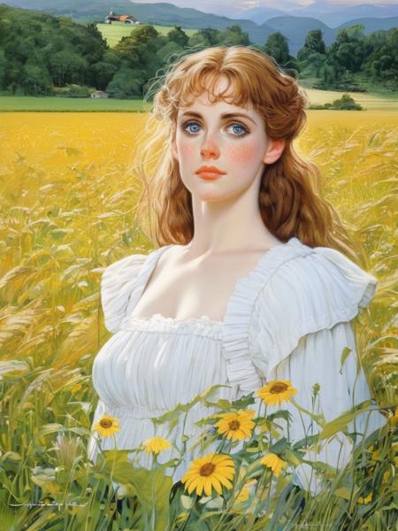 noriyoshiohrai style, highly detailed, facial focus, sharp focus, stunningly beautiful pale farm girl, (innocent eyes:1.1), awesome face, happy to see you, freckles, white dress, breasts, in the fields, perfect day, paradise on earth, farm, highest quality, masterpiece