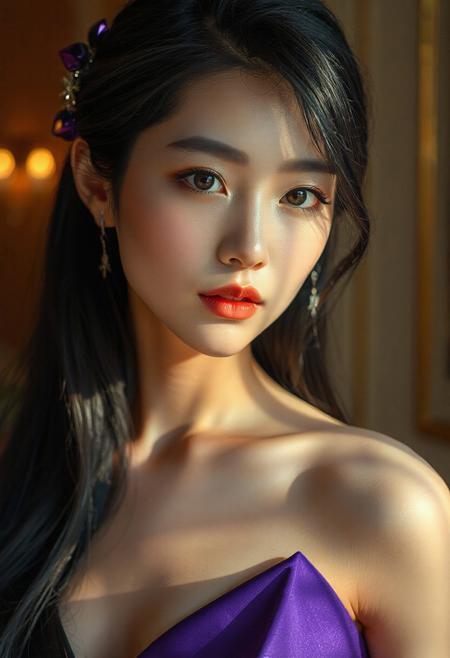DSLR-style portrait of a slender, elegant 26-year-old Korean model, translucent pale skin with natural texture, soft shadow on cheek, diffused daylight from side, parted lips, clean background, solo, masterpiece, ultra high-res  
<lora:NOOB_vp1_detailer_by_volnovik_v1:1>
barely visible pores, subtle skin texture variation, translucent skin tone
score_9, score_8_up, score_7_up, black hair, shiny skin, wet skin, eye contact, tilted angle, moody lighting, flouting, suggestive pose, perfect quality, (abstract:0.2)  
<lora:MythAnim3Style:0.9> MythAn1m3, , asian face,
(Korean)(black eyes) (masterpiece:1.4), (best quality:1.2)
<lora:RMSDXL_Enhance: 0@0, 4@5 > <lora:Add_more_details_pony: 0@0, 1@5 > <lora:hd_4k_ntc: 0@0, 1@5 > 
(Depth of field), 
 masterpiece, high resolution, cinematic, masterpiece,
(bright lighting),
<lora:S1_Dramatic_Lighting_v2:0.15> <lora:g4n1m3XLP:0.8> <lora:d3t41l3dXLP:0.5> 
,gorgeous:4,detailed
<lora:surrealidescent_v1:3.14>
 <lora:flux dtmh:3.14> <lora:Hand v2:3.14>, SEED: 611294289, cleavage, cameltoe,
(cinematic lighting, best quality, masterpiece, very aesthetic, absurdres, highres, detailed, 8k, perfect anatomy, 1girl, herta \(honkai: star rail\), gray long hair, purple hair ornaments, violet evening dress, gorgeous dress, long gloves, star jewelry, earrings, necklace, leg choker, face makeup, gorgeous hairstyle, view from above, luxury mansionbackground,
