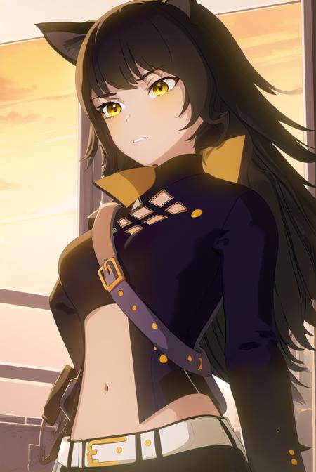 blake, blake belladonna, long hair, black hair, (yellow eyes:1.5), bow, hair bow, black bow, long hair, bangs, blake, blake belladonna, long hair, black hair, (yellow eyes:1.5), long hair, bangs, animal ears, cat ears, navel, midriff, belt, jacket, white jacket, long sleeves, open clothes, halterneck, criss-cross halter, pants, black pants, navel, midriff, belt, halterneck, criss-cross halter, bare shoulders, bare arms, pants, black pants,