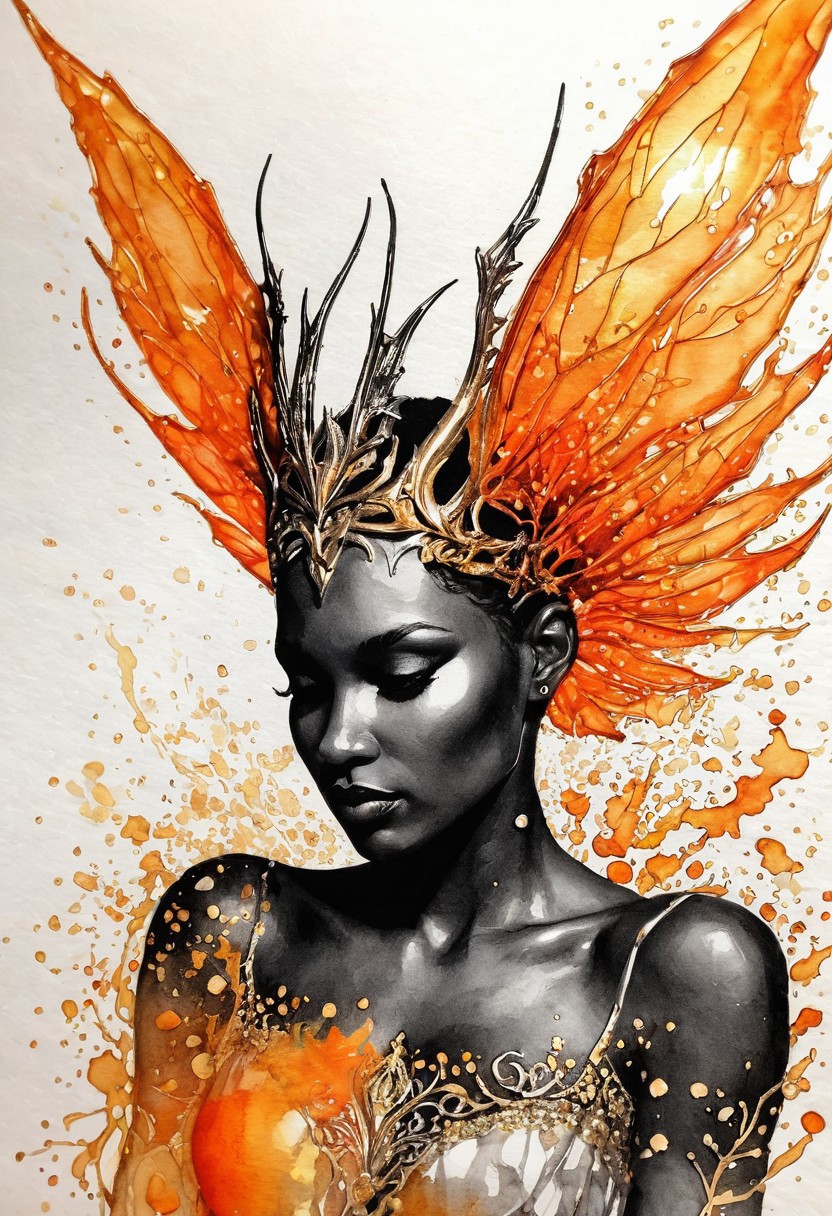 Silhouette Art, breathtaking ( absurdres divine aesthetic  FaeTastic extravaganza alcohol ink sketch). amazing, fine, detailed, masterpiece, lovely, charming, awe-inspiring, radiant, magnificent. (all silver hues and fine vibrant orange glowing smoldering accent and shiny gold color scheme:1.02). glossy.
<lora:InkArtXL_1.2:0.4> <lora:FaeTastic:0.35> . award-winning, professional, highly detailed . extremely high-resolution details, photographic, realism pushed to extreme, fine texture, incredibly lifelike, high contrast, well defined .