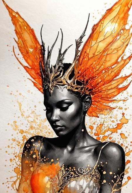 Silhouette Art, breathtaking ( absurdres divine aesthetic  FaeTastic extravaganza alcohol ink sketch). amazing, fine, detailed, masterpiece, lovely, charming, awe-inspiring, radiant, magnificent. (all silver hues and fine vibrant orange glowing smoldering accent and shiny gold color scheme:1.02). glossy.
<lora:InkArtXL_1.2:0.4> <lora:FaeTastic:0.35> . award-winning, professional, highly detailed . extremely high-resolution details, photographic, realism pushed to extreme, fine texture, incredibly lifelike, high contrast, well defined .