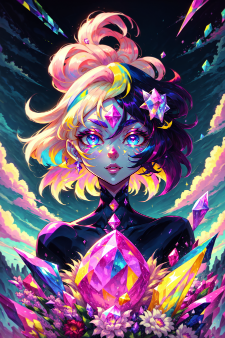 <lora:Su_Inspo:0.8> 1girl, blonde hair, cloud, colored skin, crystal, short hair, purple skin, facepaint, hair flower, lips, long hair, looking at viewer, multicolored hair, pink hair, blue and yellow theme, outdoors, solo, upper body, Steven Universe