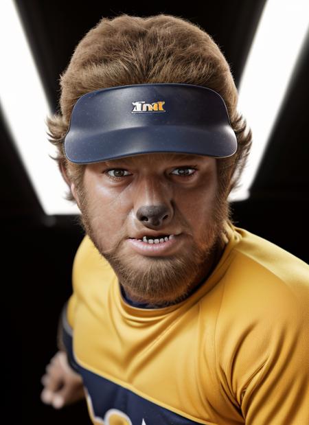 twm1, one man, furry man wearing Baseball Batting Cage Attendant Gear, Safety Helmet, 1man, solo, epic (photo, studio lighting, hard light, sony a7, 50 mm, matte skin, pores, colors, hyperdetailed, hyperrealistic), (simple background)
<lora:TheWolfMan:1>