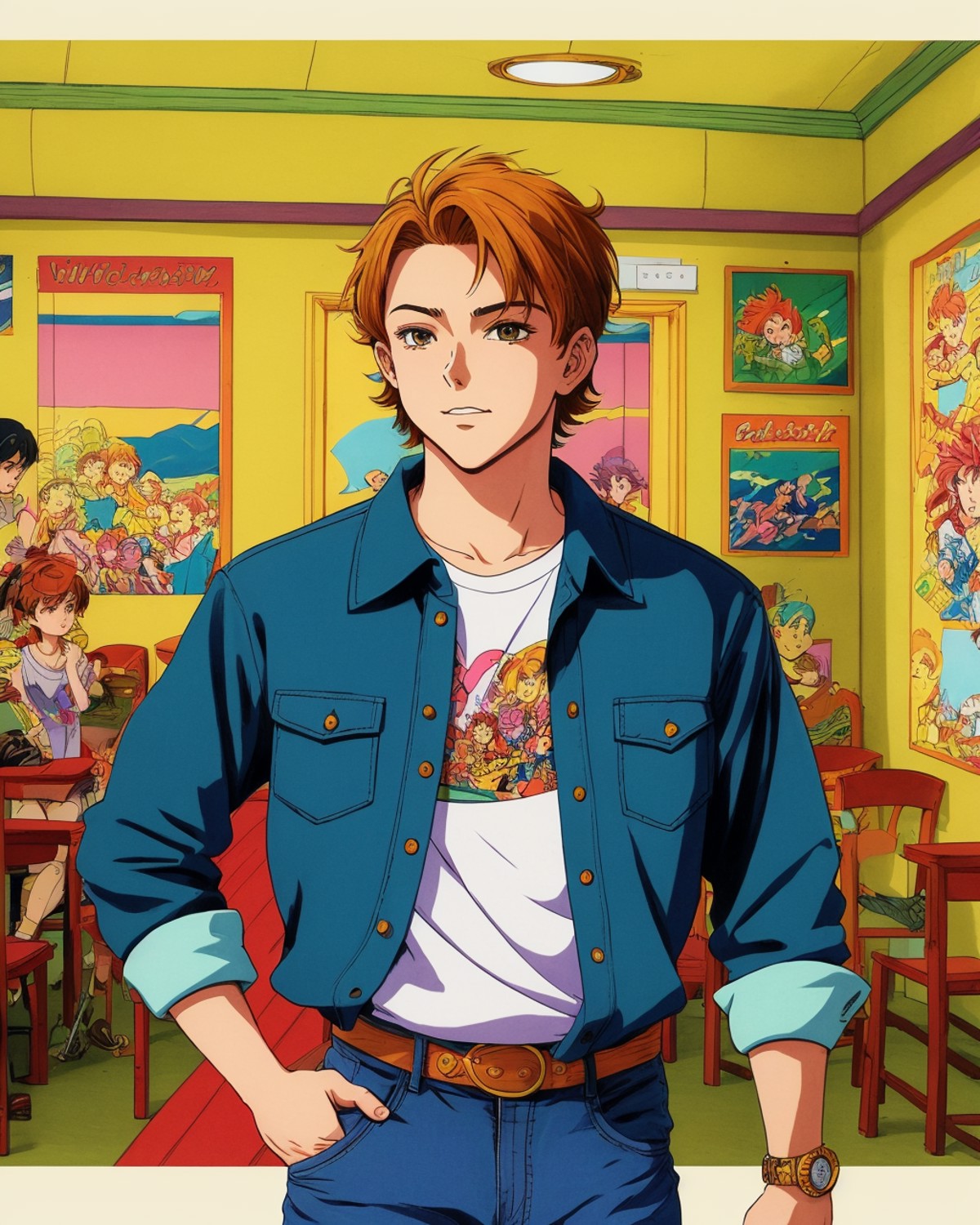 best quality,masterpiece,highly detailed,ultra-detailed comic illustration of  1boy ,shirt, jeans, 
indoors cafe
 <lora:ti...