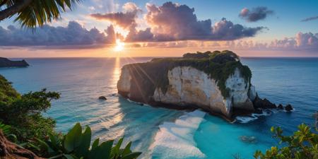 RAW photo, pristine shoreline, delicate jungle grove, majestic nature, picturesque scenery, enchanting sun beams, beautiful sky, maximalist landscape, dynamic sunset, desolate atmosphere, serene ocean, crystal blue water, ancient cliff, lens flare, photorealistic, masterpiece, 64k, UHD, ultra detailed, vivid colors, high quality, sharp focus