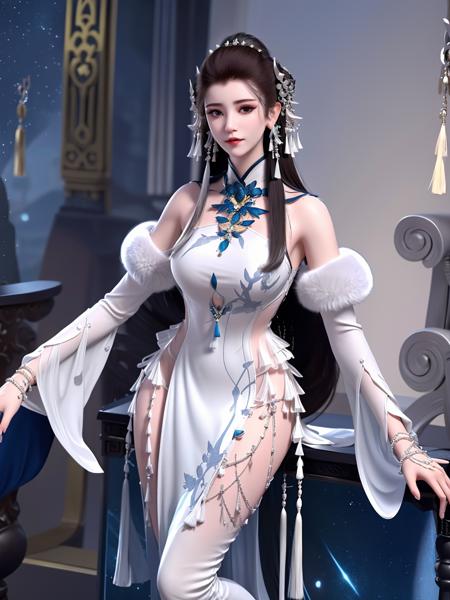 long hair, dress,silver earrings, bare shoulders, jewelry, detached sleeves, chinese clothes, standing,tassel,white tassel earrings, thigh boots, fur trim,blue choker, cityscape, night,looking at viewer, mature female,hair ornament, sitting,chair,natural pose,  <lora:CFyyyXG_20230718200648:0.75>