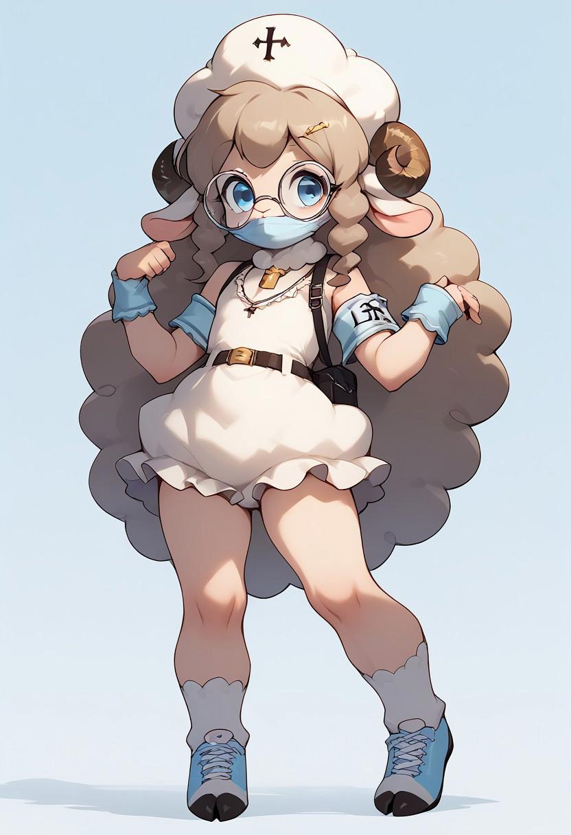 score_9, score_8_up, score_7_up, score_6_up, score_5_up, score_4_up, source_anime , (( furry sheep, small chest, hooves, body fur, white wool, white fur, white fur body, pear body-type) , hostel, coy pose, (Outfit: pastel beret with a small brooch, medical face mask (victorian era),
(Outfit: Top: Light blue, short-sleeved tunic with a embroidered on the chest, frilly wool bloomers, featuring a white cross symbol integrated into the design. Bottoms: White, high-waisted skirt with layered, flowing fabric panels that resemble wool, with a subtle blue trim. Footwear: White and light blue high-top sneakers with sheep wool-like textures. Legwear: White knee-high socks with light blue trim and small sheep embroideries. Accessories: Light blue medical cross armband with a sheep charm, round-framed glasses with light blue lenses, a utility belt with various medical pouches, and a light blue stethoscope necklace with sheep-shaped ends. Hairstyle: Long, wavy light brown hair with light blue highlights, styled with sheep-shaped hairpins. Additional Details: Light blue wristbands with sheep embroideries, a small light blue crossbody bag with a sheep keychain, and a light blue cross tattoo on the cheek.)