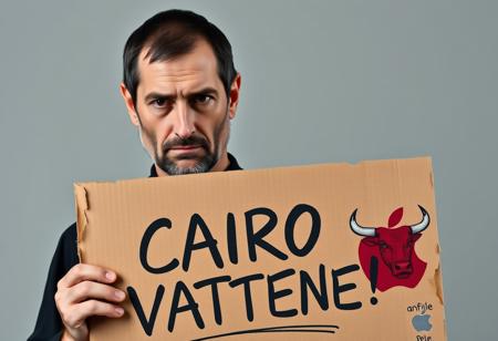 A highly detailed mugshot featuring a man resembling Steve Jobs, shown from the shoulders up, with a sad, contemplative expression, slightly downturned eyes, and a subtle frown. The lighting is well-done, illuminating his face clearly without harsh shadows. Standing beside him is a man resembling Pelé, the legendary Brazilian footballer, with a neutral or concerned expression. The background is plain, and Steve Jobs is holding a piece of cardboard in front of him. The cardboard is weathered with a rough texture, edges slightly torn, and it has bold, stylish lettering that reads "CAIRO VATTENE!" in a mix of futuristic and handwritten fonts. The sign also features a burgundy-colored, raging bull in one corner, snorting aggressively, and the ancient multicolor Apple logo in another corner, adding both a fierce and nostalgic touch. The cardboard has a few doodles and small symbols around the text, making it look unique and cool. The image should be realistic, capturing a somber mood with attention to the texture of their skin, Steve's iconic round glasses, and the simplicity of his black turtleneck shirt. Pelé is dressed casually, complementing the scene's overall tone.