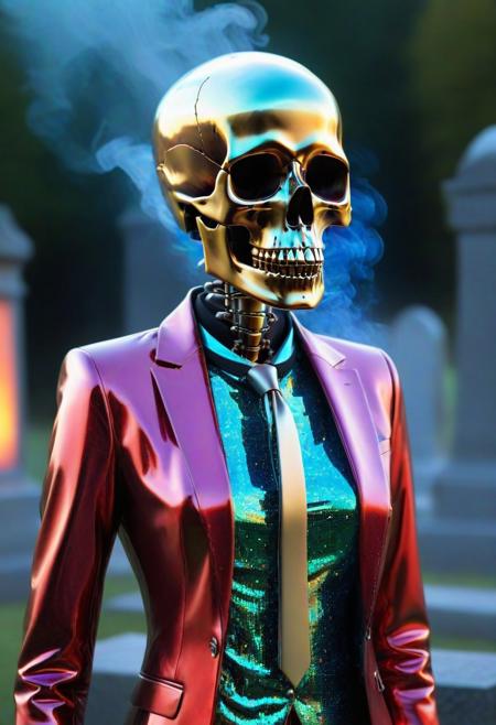 A highly detailed CGI image of a Whistler's Mother, female skull entirely made of h4v_h0l0, featuring gold accents on the eye sockets and nose. The skull wears a vivid red h4v_h0l0 suit jacket with a glossy finish, and a tie also constructed from h4v_h0l0. The design blends surreal and artistic elements, combining skeletal and human traits with precision. The skull’s lips are closed, forming a calm, neutral expression. The background is a soft, sparkly gradient of blue and green hues, giving the image a luminous, dreamlike feel. The skull has a smooth, polished surface, and the lighting is carefully arranged to highlight both the intricate keyboard structure and the reflective jacket. The composition is well-balanced and focused on the upper torso and skull, emphasizing artistic foreshortening and chromatic detail, in the style of contemporary light-based art installations, smoke h4v_h0l0 cemetery background., Whistler's Mother, female skull made of h4v_h0l0 with gold eye sockets and nose, red h4v_h0l0 glossy suit jacket, h4v_h0l0 tie, soft sparkly pink h4v_h0l0 gradient background, polished textures, surreal and artistic CGI, neutral expression, foreshortening art, smoke h4v_h0l0 cemetery background