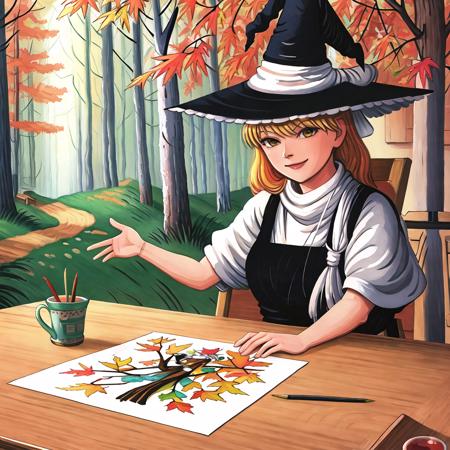 sut, award winning beautiful commission art, (masterpiece), (highest quality), cute, highly detailed, dynamic pose, anatomically correct, 5 fingers, 1girl, solo, official art, character design, concept art, highly detailed, illustration digital art, digital painting,  full body, forest, (kirisame marisa:1.4), witch hat, happy, smiling, autumn, tree, evening <lora:suteev_v6-000012:1>