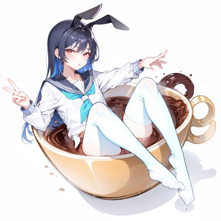 in container, 1girl, solo,
 pantyhose, long hair, white pantyhose, red eyes, skirt, school uniform, black hair, no shoes, animal ears, white background, blue skirt, simple background, serafuku, bangs, white sailor collar, rabbit ears,sailor collar, long sleeves, blue serafuku, fake animal ears, blue shirt, shirt, neckerchief, green neckerchief, 
full body, sitting ,(cup:1.2),in cup,coffee ,looking at viewer,