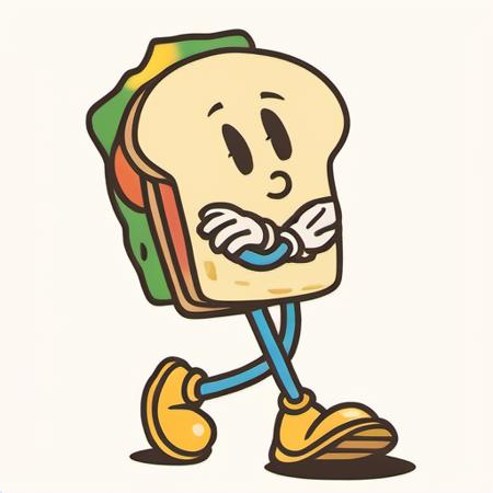 A cartoon sandwich, with a face, whistling, crossed arms, white gloves, yellow shoes on both legs, solo, food, no humans, looking up, White background, yellow footwear, cheese, lettuce