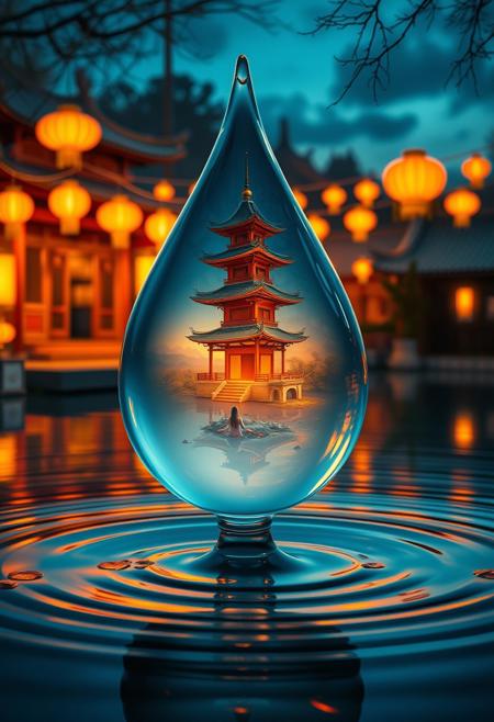 This is a surreal digital artwork depicting a large, clear droplet of water that encapsulates a serene scene of a traditional Asian pagoda and a mysterious woman's face. The droplet rests on the surface of a rippling pond, reflecting the surrounding vibrant landscape. The background features traditional wooden structures illuminated by warm orange lanterns under a twilight sky. The dramatic contrast between the blue tones of the droplet and the fiery orange hues of the environment creates a mystical and dreamlike ambiance.