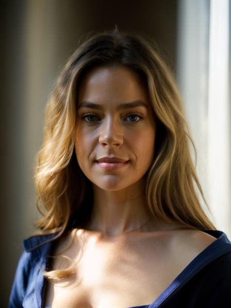 Realistic photo of a beautiful d3n1s3r woman, 1girl,solo,long hair,breasts,looking at viewer,smile,blue eyes,blonde hair,collarbone,upper body,hood,lips,portrait,realistic, soft lighting, professional Photography, Photorealistic, detailed, RAW, analog, sharp focus, 8k, HD, high quality, masterpiece<lora:d3n1s3r:1.0>
