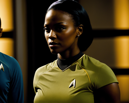 from Star Trek <lora:star_trek_offset:1>,  photo of a gorgeous black woman, dark-skinned goddess