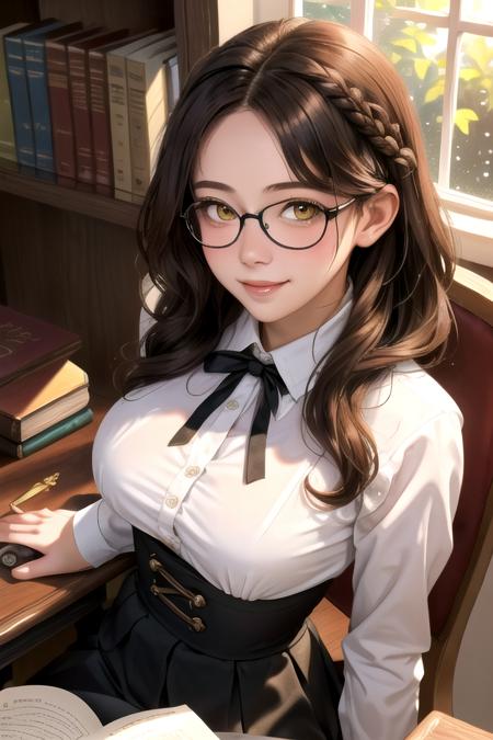 (masterpiece, best quality), 1girl, solo, mature female, brown hair, low-braided long hair, wavy hair, yellow eyes, parted bangs, sidelocks, large sagging breasts, long eyelashes, black-framed round eyewear, white dress shirt, black neck ribbon, black high-waist skirt, underbust, looking at viewer, light blush, parted lips, light smile, shushing, library, bookshelf, desk, chair, window, light rays, light particles, sitting, on chair, open book, upper body, from above, sexually suggestive,