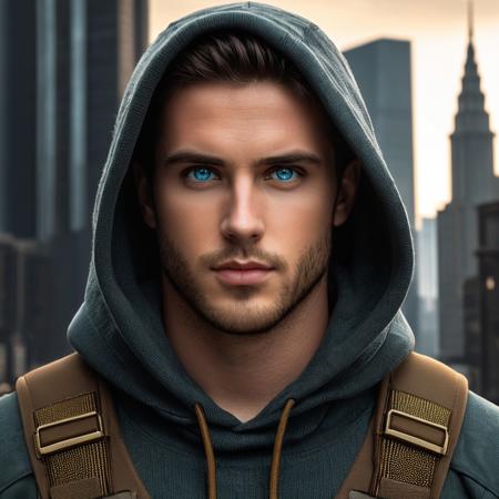 fantasy images.  a close-up portrait of a young man with striking bright blue eyes, jaw-length dark brown hair partially visible under a hood, and subtle facial features including a light beard. He wears a textured gray knit hoodie that covers his ears and extends over his neck, with a darker brown jacket underneath. A green tactical harness strap is visible on each shoulder. Her face shows a slight blush, especially around her cheeks and nose, adding warmth to her pale complexion. His expression is neutral but intense, looking directly at the viewer. Behind him there is a large golden-colored circular structure resembling an ancient zodiac wheel or celestial compass with intricate patterns, luminous symbols and Roman numerals. This mystical element casts a glow around its head, creating a halo effect. The background reveals a futuristic cityscape with tall spiers and towers in various shades of brown and gold, suggesting a dystopian environment.