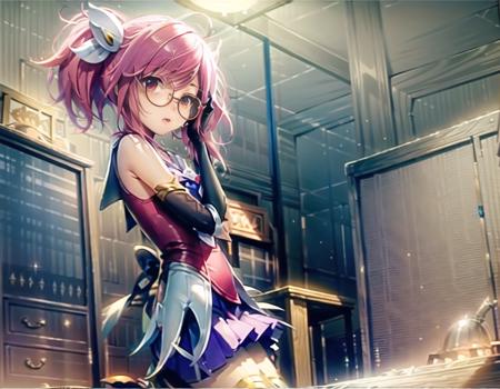 (masterpiece, bestquality:1.3), round glasses, from below, girl,perfect anatomy, star guardian lux, lux \(league of legends\), league of legends, 1girl, flat chest, pink eyes, high heels, looking at viewer, pink hair, short hair, short twintails, blush, open mouth, high heels, breasts, thighhighs, solo , <lora:starGuardianLux_V1:.6>, hair hair ornament, bridal gauntlets, adjusting hair, sailor collar, indoor, crystal, universe, night, starry sky, galaxies, ribbon, serafuku, pleated skirt, <lora:roundglasses_v3-000008:1>