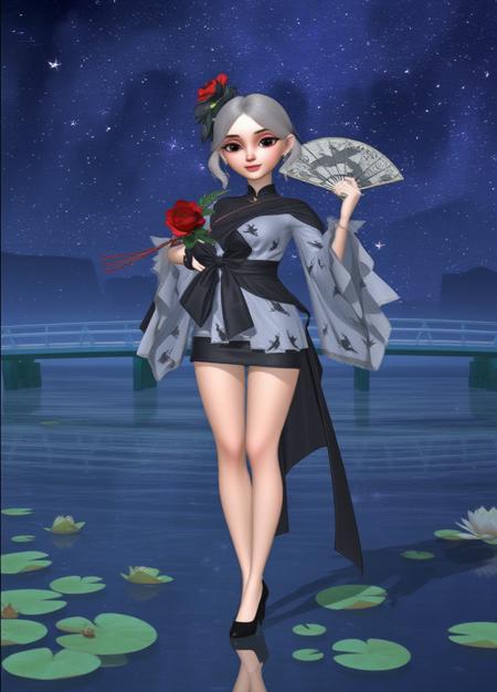 3d Princess, masterpiece full of details. This digital artwork showcases a stylized anime character posing against a serene, star-studded night sky with a reflected bridge. The character is a fair-skinned female wearing a kimono-inspired outfit with flowing gray and black sleeves adorned with intricate black birds. She dons sheer white pantyhose and black high heels, accessorized by a red rose and traditional Japanese fan. Her face is elegant with a mask-like pale complexion, and she has a serene, mysterious aura. The tranquil water, dotted with lily pads, enhances the enchanting ethereal atmosphere.dreamy atomosphere