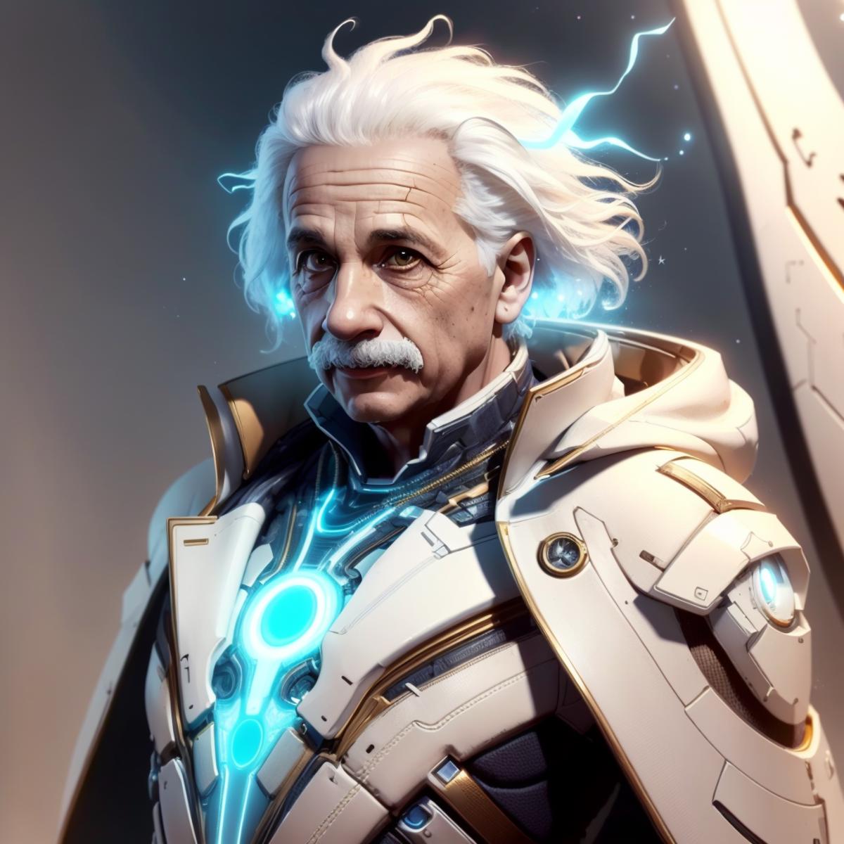 Illustration of an old man wearing a white suit with a blue light in the center of his chest.