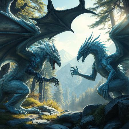 A photorealistic digital illustration of two wyverns locked in a tense standoff within a sun-dappled Alpine forest, one wyvern is white with ice-blue accents, the other is obsidian black, the scene emphasizes the creatures powerful musculature and fierce expressions.