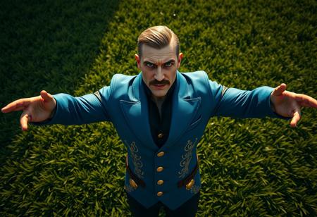 Cinematic shot: A muscular male Jet Warrior in a dynamic, action-ready pose, arms outstretched, stands centered on a textured, vibrant green grass. He wears a full blue suit with intricate gold accents, revealing only a face with a large nose, distinguished mustache, and beautiful detailed eyes looking directly at the camera with intense, intentional focus. The scene is captured with captivating lighting casting dramatic shadows. 4K, Exceptional Quality, Lifelike Details, Super Detailed Face and Eyes and Clothes, Handcrafted with Precision, High Quality. Impeccable Composition, Golden Ratio, Creative Angle. Rendered with Octane Render and Unreal Engine 5. Attractive Background implies a Supernatural Danger Zone. Balanced Editing, Harmonious Colors. Well-timed Moment. High quality image., very detailed.