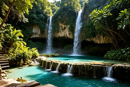 Stable_Yogis_PDXL_Positives,A stunning view of the majestic waterfalls at Semuc Champey, with turquoise pools cascading down limestone steps, The scene is set during midday, with sunlight creating sparkling effects on the water, The atmosphere is refreshing and invigorating, showcasing the beauty of natural springs,, score_9, score_8_up, score_7_up