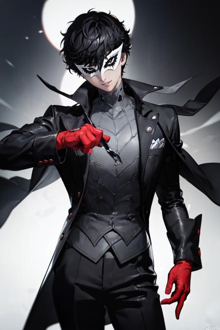 masterpiece, best quality, absurdres, 1boy, solo, AmamiyaRen, mask, black coat, black pants, black shirt, red gloves, smirk, <lora:AmamiyaRen:1.0>