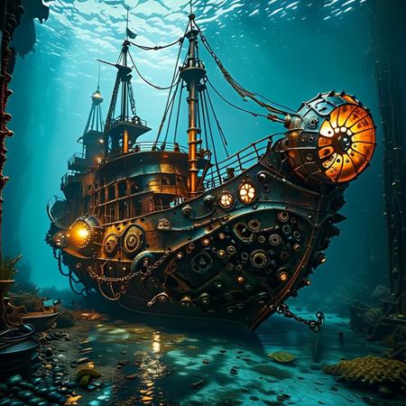 Realistic steampunk-style image: a giant nautilus (ship) made of steel, iron and cast iron, floating in the depths of the ocean. Its shell is covered with massive metal plates, rivets and patterns resembling gears. Its tentacles are mechanical, with elements of forged metal and smoking pipes. All around are the dark waters of the ocean, illuminated by the dim light of underwater lanterns mounted on the nautilus. The wreckage of ancient ships and rusty chains can be seen on the bottom. The overall atmosphere is mysterious and gloomy, with accents on industrial aesthetics and the mystery of the depths. Style: hyperrealism with elements of fantasy