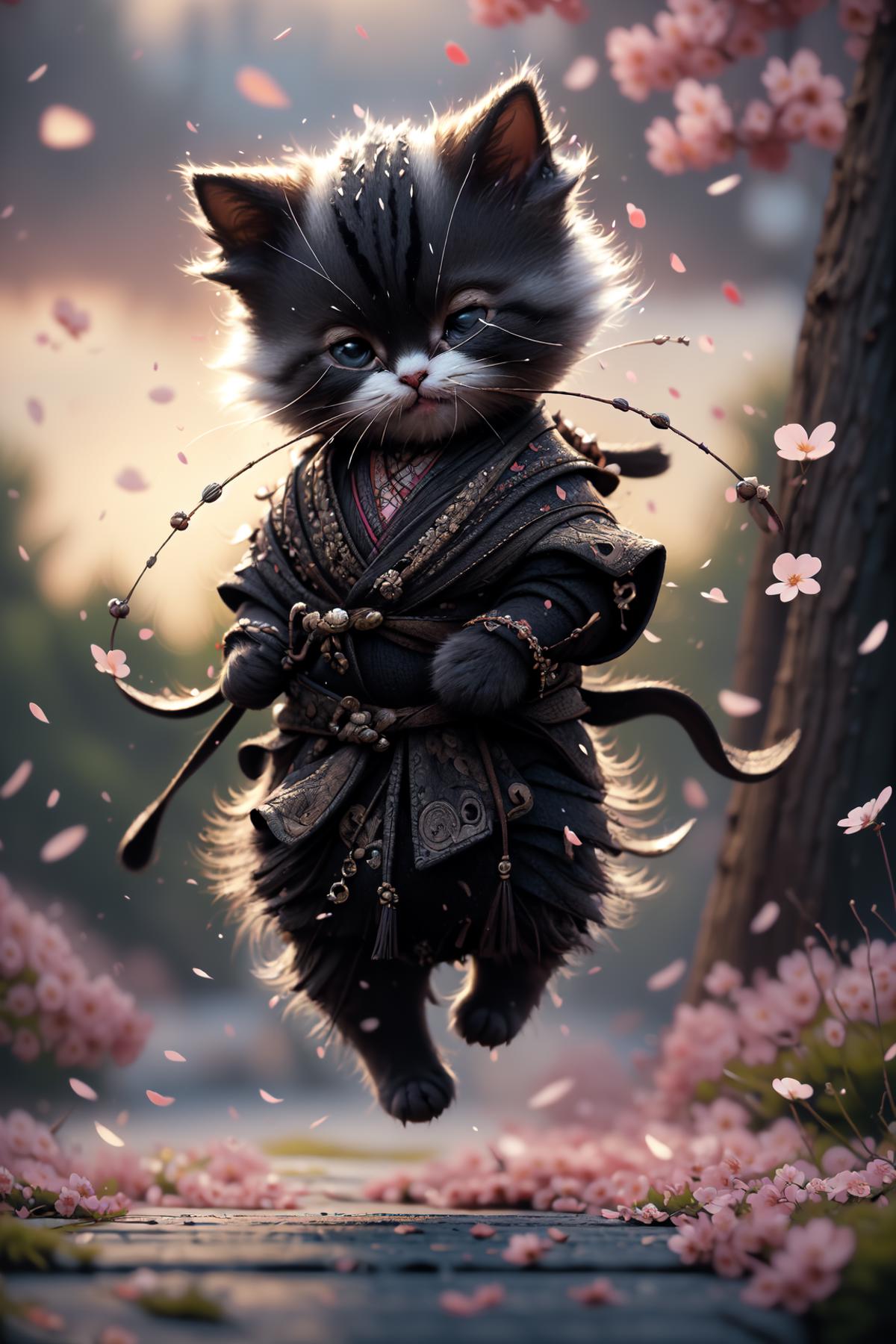 A kitten dressed up in a kimono and holding a cat toy, surrounded by cherry blossoms.