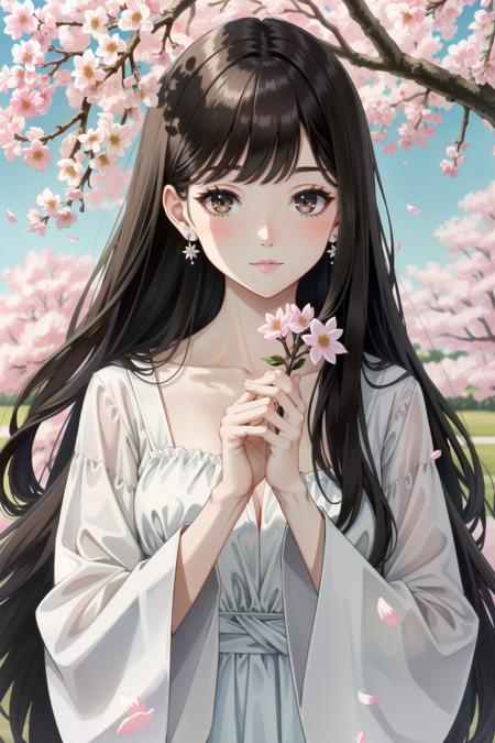 1girl, solo, long hair, flower, brown hair, jewelry, cherry blossoms, earrings, holding, brown eyes, looking at viewer, petals, bangs, shirt, white shirt, holding flower, upper body, long sleeves, branch, blurry, very long hair, collarbone, pink flower, wide sleeves, hand up, dress, depth of field, flower earrings, white dress