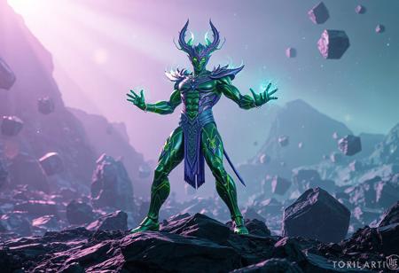 "8K UE5/Octane render of 'Holactie the Creator of Light'—a Marvel Comics-inspired figure in dynamic battle stance. Shimmering green/purple metallic skin reflects divine energy, standing on obsidian terrain amidst floating celestial rocks. The 'Divine Domain Baatistina' backdrop glows with ethereal light, contrasting his powerful form. Hyper-detailed nanite textures, Houdini FX energy aura, and ray-traced reflections. Post-processed with Kodak film grain and Grammer Effect color grading. Tags: #Marvel #DivineArt #ConceptArt."