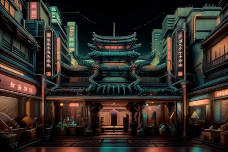 architecture, landscape, scenery, east asian architecture, court, atrium, (Taiwanese temple, Hokkien architecture, Southern Min architecture) East Asia, vintage, historical, heritage, trational, ancient, wooden structure, (orange tiled roof, upward curve ridge roof), best quality, masterpiece, (outdoor:1.5), multiple temples, historical old cityscape, subtropical environment, rustic, stone base, brick wall, CyberpunkWorld, night, neon, big roof, long roof, 1920s shophouses, artdeco facede, pedestrian arcade,neon_nouveau
