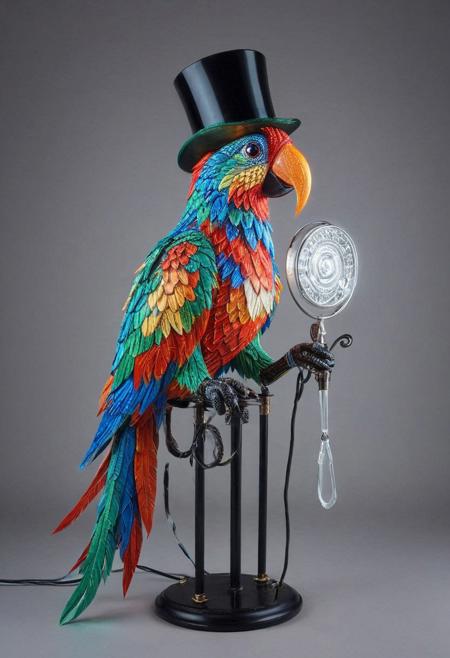 embedding:lazmpos, LED, colorful LED lights, RGB lights, red green and blue parrot, art deco, top hat, cane, monocle,RetroBG