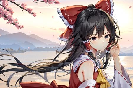 hakurei reimu, looking at viewer, serious, outdoors, from side, looking at viewer
 <lora:scottie_lycoris:1>