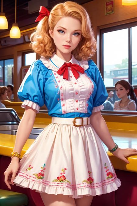 beautiful woman, makeup, eyeliner,  serious, standing, [strawberry blonde] hair,  best quality, high detail, blurry foreground, front, best quality, high quality, high detail, highres, 4k, <lora:mdollbot:0.7> , 50s fashion, ((voluminous embroidered hemmed petticoat poodle skirt)), cotton, lace, ((shirtdress)), (hair ribbon),(belt), strict, high ponytail,classic diner background, nostalgic vibe, bright colors, cinemascope, detailed, 8k resolution,