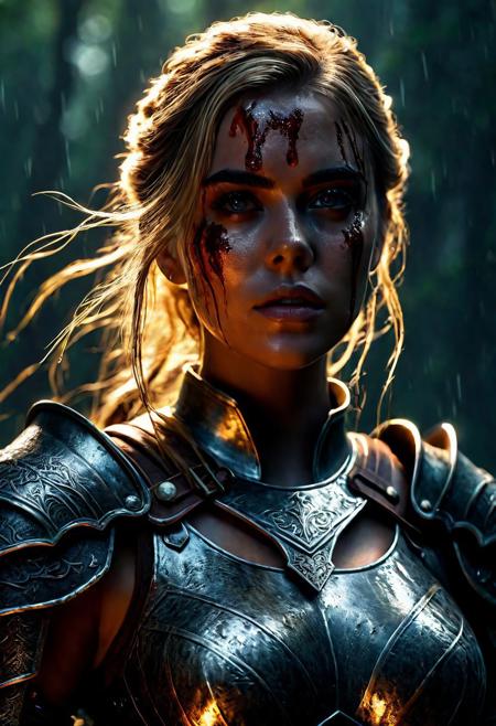 Ultra detailed digital art masterpiece Warrior girl dressed in a iron Armor, Standing on a battlefield at the head of an army of knights, where a bloody slaughter is taking place, standing in battle pose, a dark epic fantasy, perfect lighting, beautiful Kiernan Shipka as Warrior girl, attractive woman, elegant, sinewy athletic body, unreal engine 5 nanite quality, mixed with dark elements, dark environment, very stormy day, clean dark velour witch clothing, LOTR style, dark washed out eyeliner, no make up, natural bloody face, realistic brown eyes, ultra detailed atmospheric details, beautiful glowing effects, sparkle effects, realistic body proportions, beautiful face proportions, complex masterpiece, wavy blonde hair, creative glowing detailed tattoos, complex physics, enhanced colors, complimentary colors, ultra detailed raytracing reflections, Ultra detailed complex background, environment feels alive, direct eye contact, dramatic lighting, wet and sweaty skin, beautiful firm Breasts, Daylight, Concept art portrait by Greg Rutkowski, adding to the intense and dynamic atmosphere of the scene.