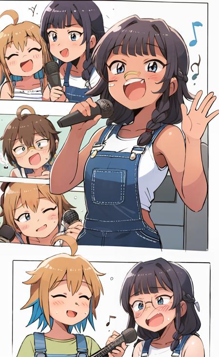 masterpiece, best quality,, <lora:style05:1>,multiple girls, overalls, black hair, blonde hair, microphone, closed eyes, glasses, 6+girls, multiple boys, open mouth, brown hair, smile, bandaid on face, blue eyes, long hair, music, braid, musical note, fang, tank top, singing, multicolored hair, short hair, ahoge, dark skin, orange hair, holding, purple hair, ^_^, white background, blush, food, bandaid on nose, bandaid, grey hair, simple background, blush stickers, :d, holding microphone, instrument, bangs, shirt, single braid, dark-skinned female, eighth note, white shirt, hood, two-tone hair, blue overalls