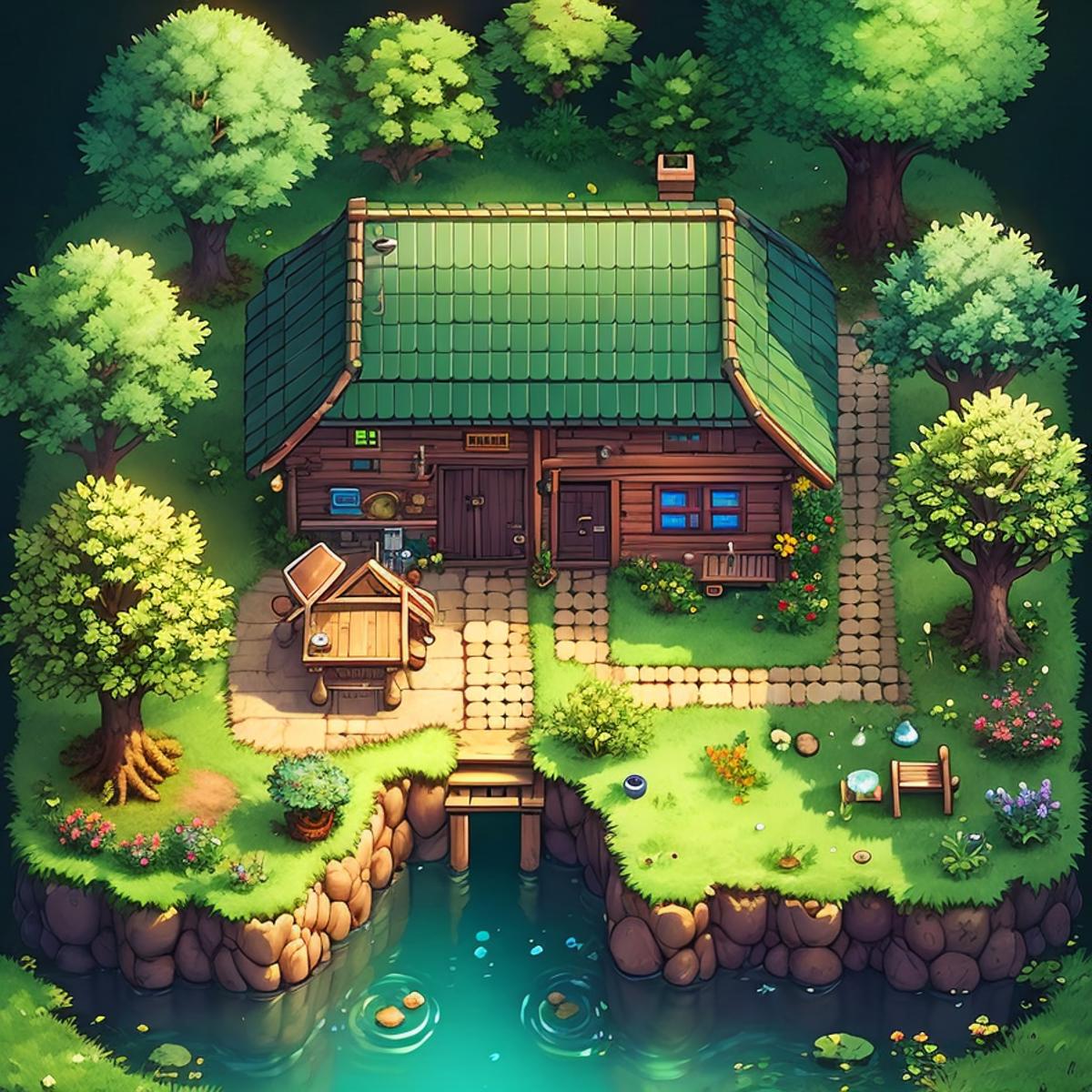 Cartoonish Pond and House with Dock, Bench, and Trees