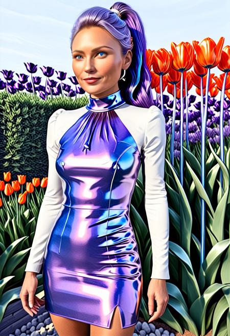 (A liquid metal dress made of l1qu1dp34rl:3), (pearlescent blue purple orange:2.5), dress made of l1qu1dp34rl, metal, pearlescent:2.5 (silver:2), 1girl, (European female:2), score_9, score_8_up, score_7_up, score_6_up, score_5_up, score_4_up, UHD, 8K, masterpiece, detailed, ultra_high_resolution, lots of detail, OverallDetailXL, detailxl, ADD-DETAIL-XL, regalres, Masterpiece, 32k, photorealistic:1.4, female, tall, small waist, toned muscles, wide hips, slender legs, high cheekbones, oval face, 32 years old, mature female, makeup, pretty face, Merger_mari_parox, closed clothes, high neck closure, fully dressed, DV_S2_La_Texia_Vicious, Victorian dress, (high closure dress), (garden:1.6), (tulips:1.3), Kelly Hu , muscular body, long ponytail, red streaks in hair, thick lips, mega ponytail, big hair, wrinkles, smiling, long hair, blue eyes, (white:2.5), fully dressed, PG rating.