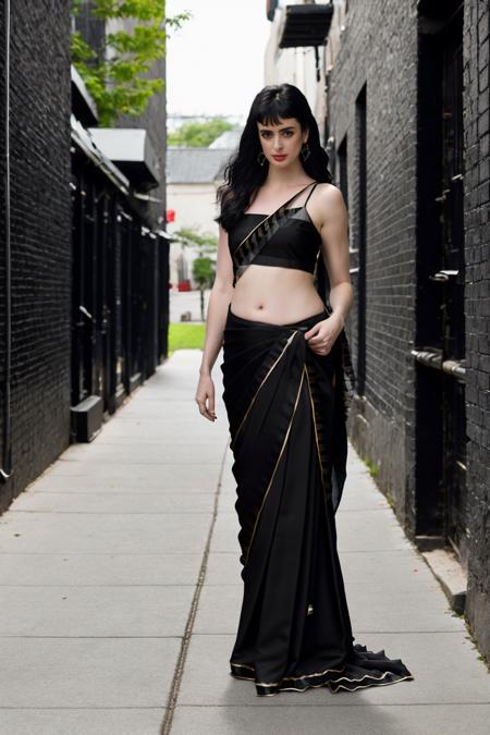 closeup  photo, RAW photo, krystter (wearing a black saree:1.3), in a (well lit alley:1.1), choker, black mascara, thin body, (high detailed skin:1.2), 8k uhd, dslr, soft lighting, high quality, film grain, Fujifilm XT3  <lyco:KrystenRitterDoguRemastered:1>