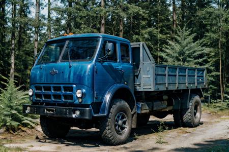 photo RAW,( <lora:maz500:0.75>, a dark blue truck parking on A forest scene with a bed of ferns caught in the dappled morning light,Realistic, realism, hd, 35mm photograph, 8k), masterpiece, award winning photography, natural light, perfect composition, high detail, hyper realistic, dusty atmospheric haze, high quality textures of materials, volumetric textures, coating textures, metal textures