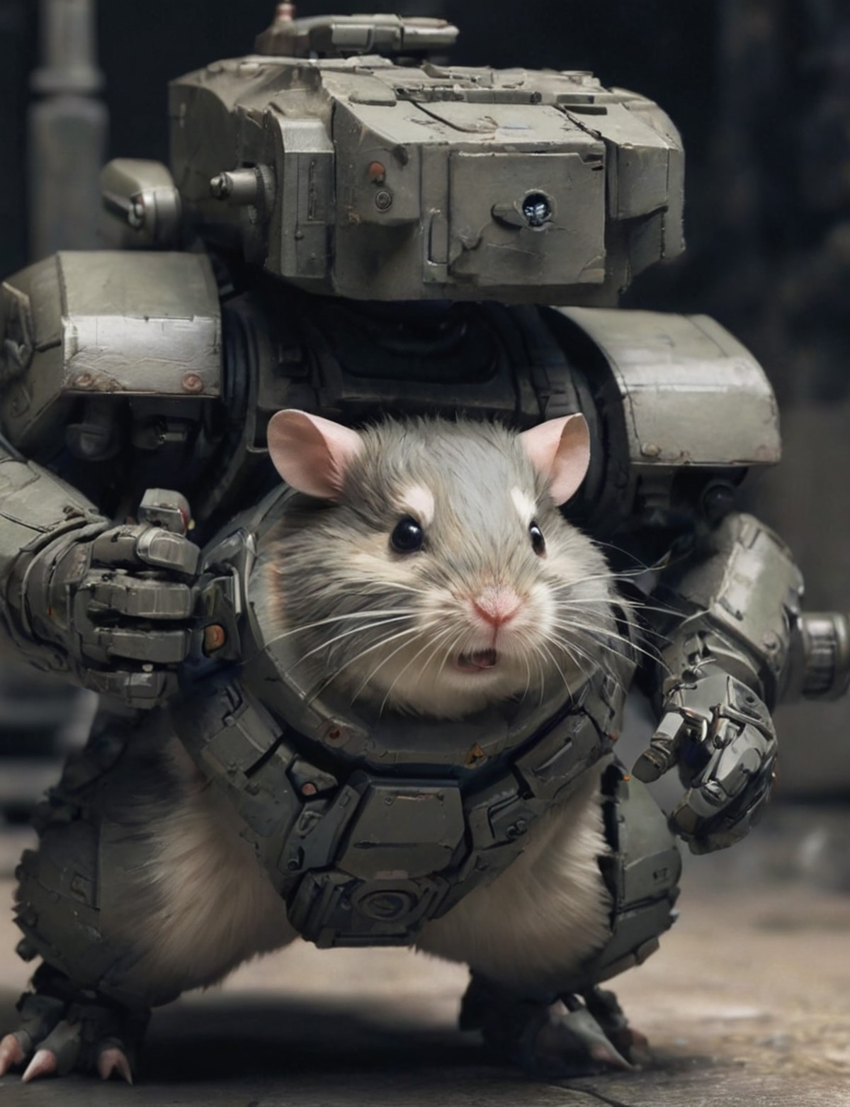 concept art, depiction of an epic and armored mech-hamster ready for battle, deep shadow, cinematic, contrast  <lora:- SDX...