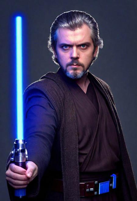 hyperdetailed Photography, Cinematic, (full body picture:1.3), hi resolution, photorealistic, caucasian Man, Mid-30s, short darkbrown hair with some gray hair, darkbrown short boxed beard, darkbrown eyes, Star wars style, Anakin Skywalker, (holding a blue lightsaber)