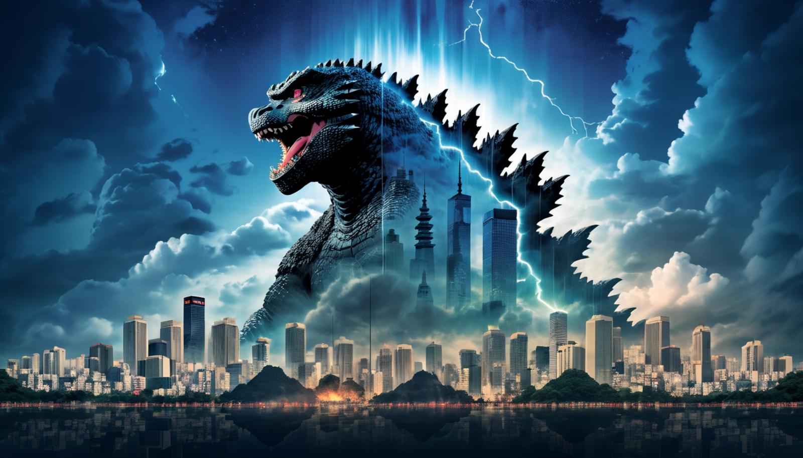 A giant Godzilla monster looms over a city skyline.